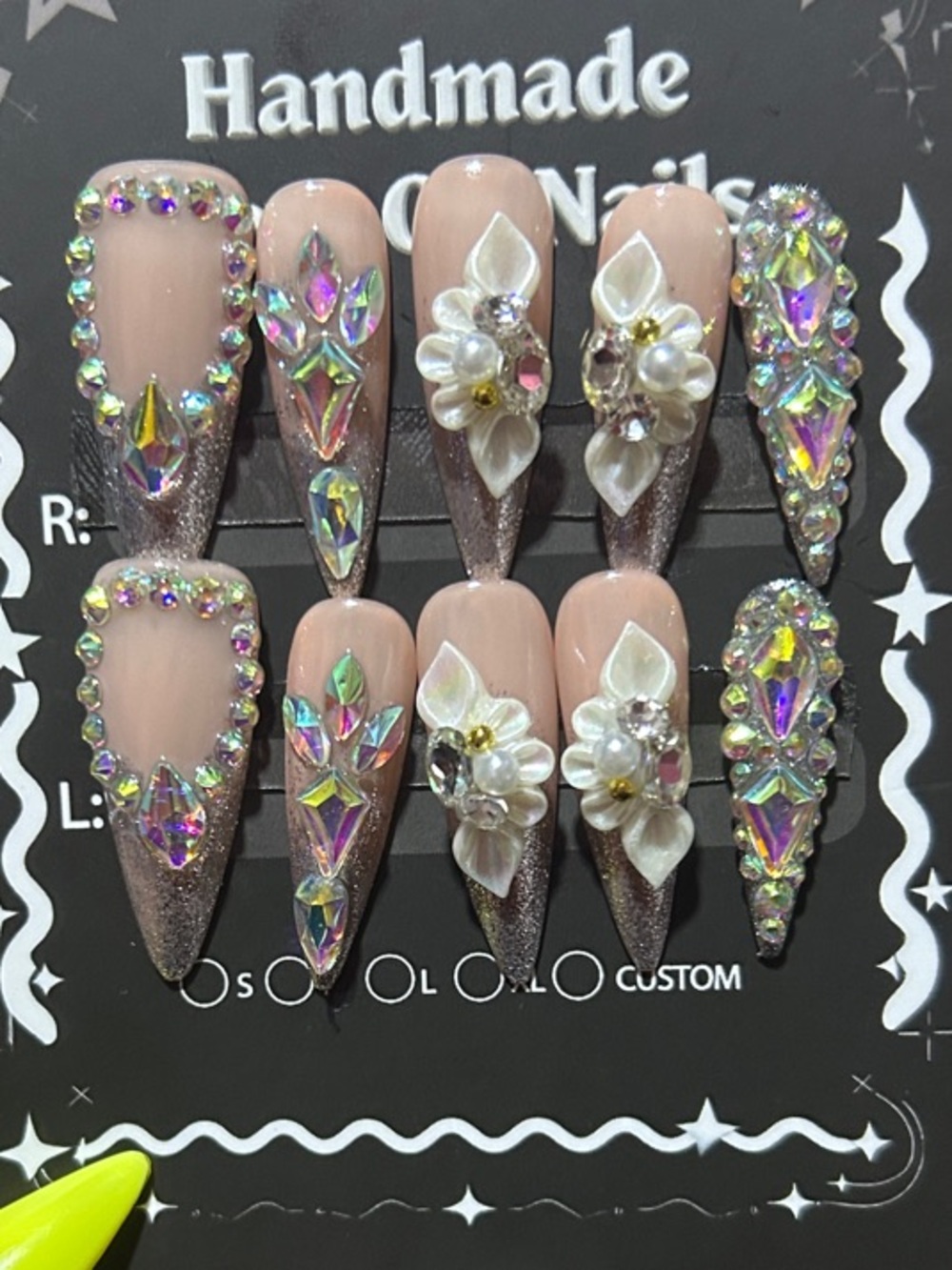 Handmade Pink Stiletto Nail Set with Iridescent Gems